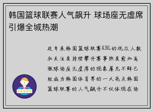 韩国篮球联赛人气飙升 球场座无虚席引爆全城热潮