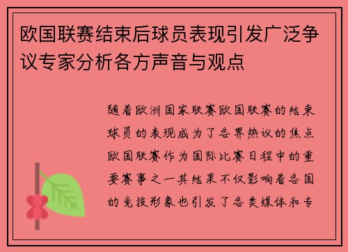 欧国联赛结束后球员表现引发广泛争议专家分析各方声音与观点