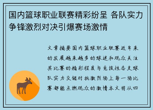 国内篮球职业联赛精彩纷呈 各队实力争锋激烈对决引爆赛场激情