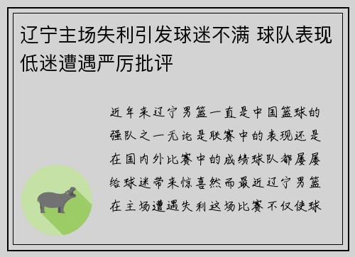 辽宁主场失利引发球迷不满 球队表现低迷遭遇严厉批评