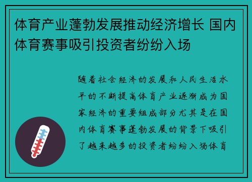 体育产业蓬勃发展推动经济增长 国内体育赛事吸引投资者纷纷入场